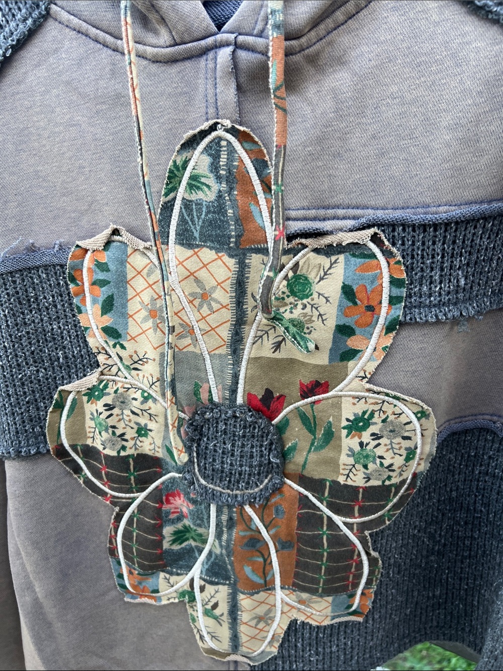 POL Patchwork Flower Appliqué Pullover Hoodie - Taupe, Gray, Green, Orange - Picture 5 of 9